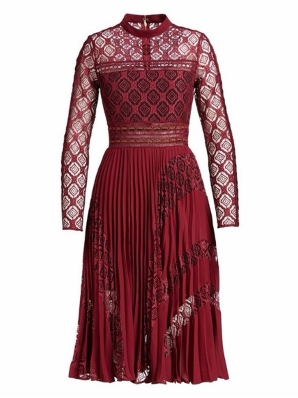 Self-Portrait Wine Lace Long-Sleeve Pleated Midi Dress Size 2